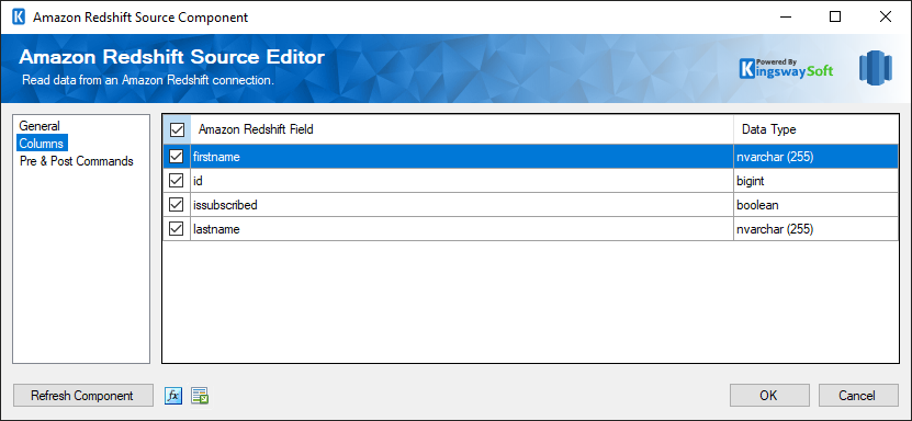 Amazon Redshift Source - Columns Page